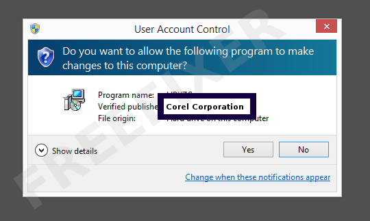 Screenshot where Corel Corporation appears as the verified publisher in the UAC dialog